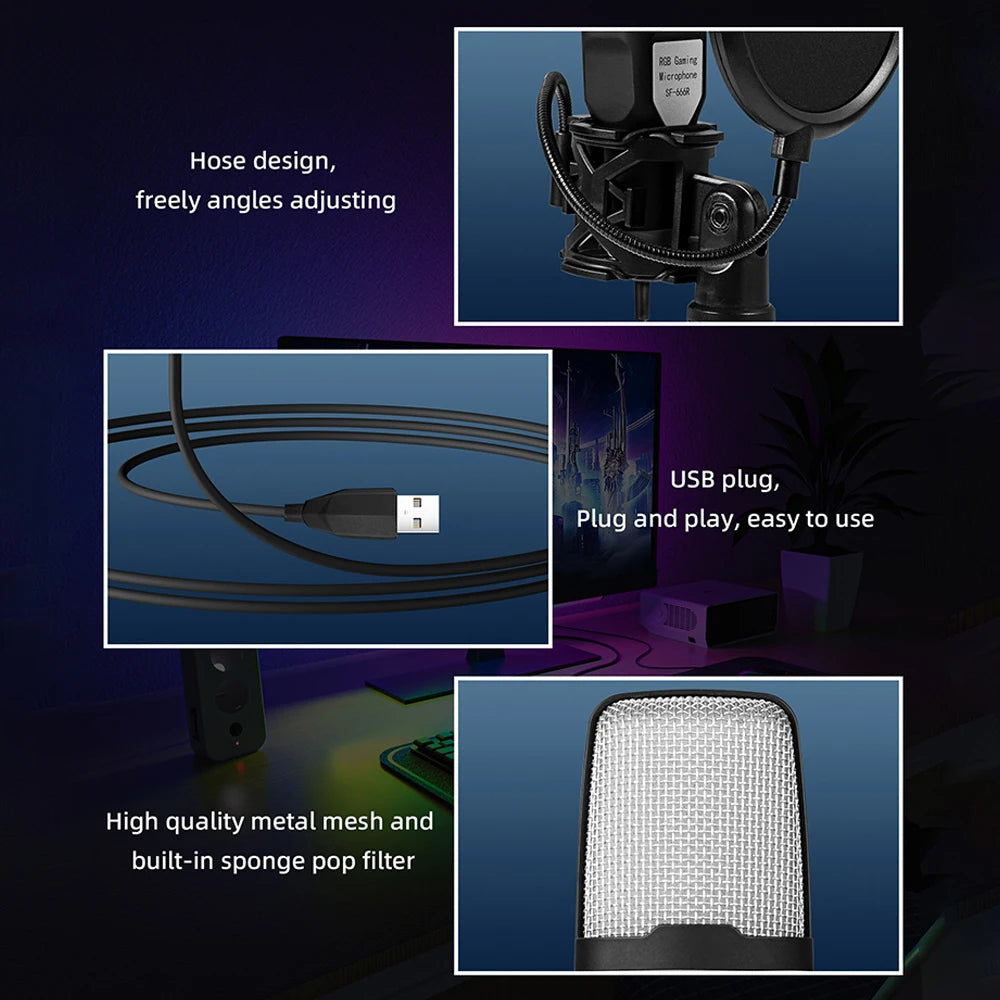 SF-666R condenser microphone RGB seven color luminous microphone with shock mount USB computer game eprolo