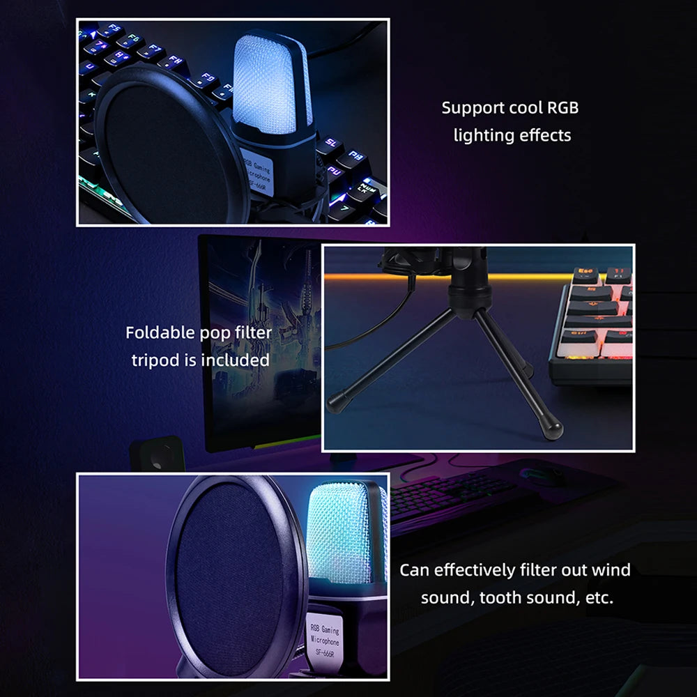 SF-666R condenser microphone RGB seven color luminous microphone with shock mount USB computer game eprolo