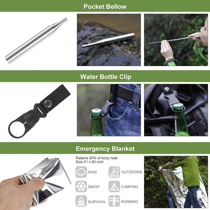 Military-grade outdoor travel survival kit with mini camping tools, emergency bracelet, whistle, blanket and knife. eprolo