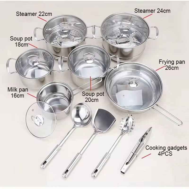 Stainless steel cookware set of 18 pieces household kitchen set soup pot set 16-26cm cutlery set pot set eprolo