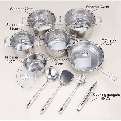 Stainless steel cookware set of 18 pieces household kitchen set soup pot set 16-26cm cutlery set pot set eprolo
