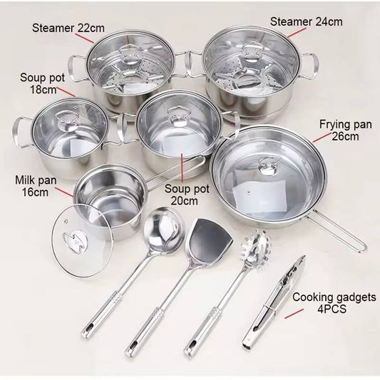 Stainless steel cookware set of 18 pieces household kitchen set soup pot set 16-26cm cutlery set pot set eprolo