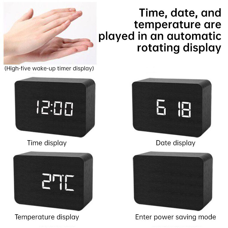 Wooden Electronic Digital Clock - Voice Controlled LED Desk Alarm with Date/Temperature Display, Battery/USB Powered eprolo