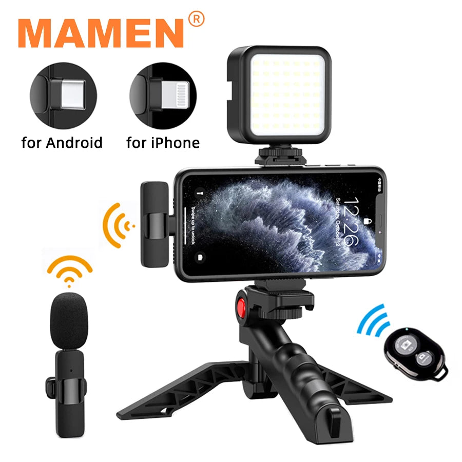 MAMEN Wireless Vlogging Kit Phone Tripod with Lavalier Microphone LED Light for iPhone Android Smartphone Live Streaming Toolkit eprolo
