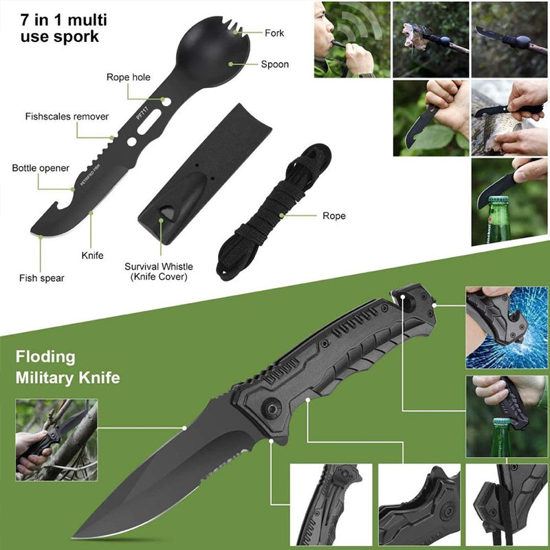 Military-grade outdoor travel survival kit with mini camping tools, emergency bracelet, whistle, blanket and knife. eprolo