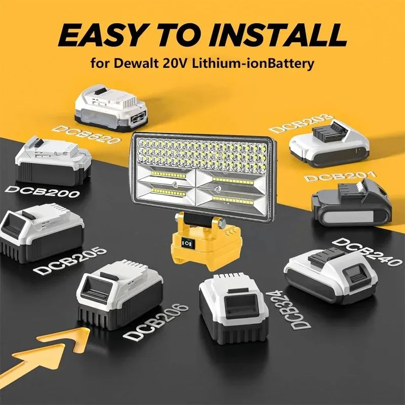 Cordless led Work Light for Dewalt 20V Battery 96W 12000lm Portable flashlight Flood Light with Dual USB Ports DCB202 DCB203 alfamoba